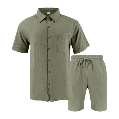 Men's Retro Summer 2-in-1 Set – Cotton & Linen Short-Sleeve Shirt and Shorts, Lightweight Beachwear
