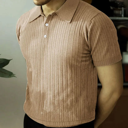 2024 Summer Knit Men’s Polo Shirt – Business Casual Striped Henry Short Sleeve for Comfort & Style