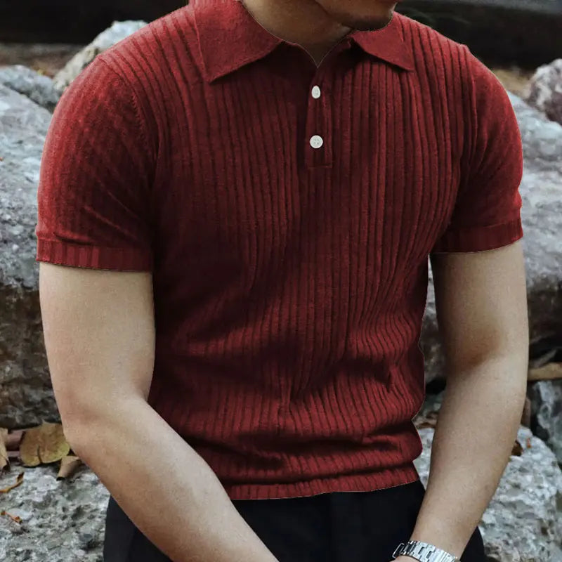 2024 Summer Knit Men’s Polo Shirt – Business Casual Striped Henry Short Sleeve for Comfort & Style