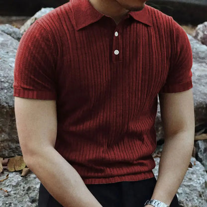 2024 Summer Knit Men’s Polo Shirt – Business Casual Striped Henry Short Sleeve for Comfort & Style