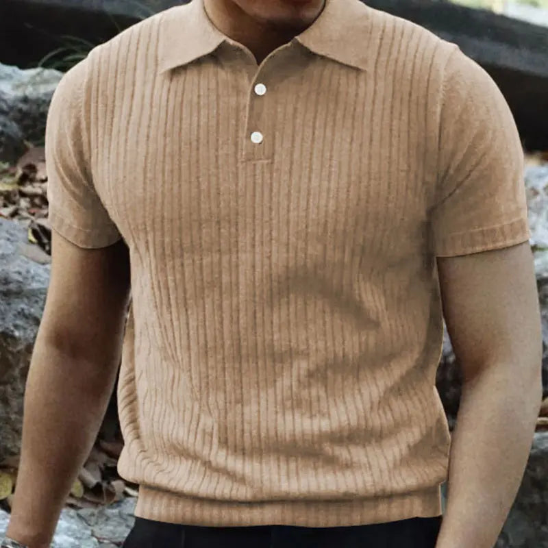 2024 Summer Knit Men’s Polo Shirt – Business Casual Striped Henry Short Sleeve for Comfort & Style