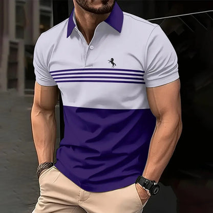 Business Men’s Polo Shirt – Summer Casual Short Sleeves with Stripe Pattern & Button Detail