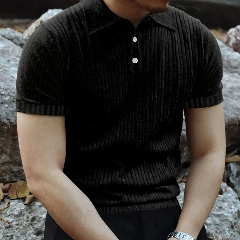 2024 Summer Knit Men’s Polo Shirt – Business Casual Striped Henry Short Sleeve for Comfort & Style