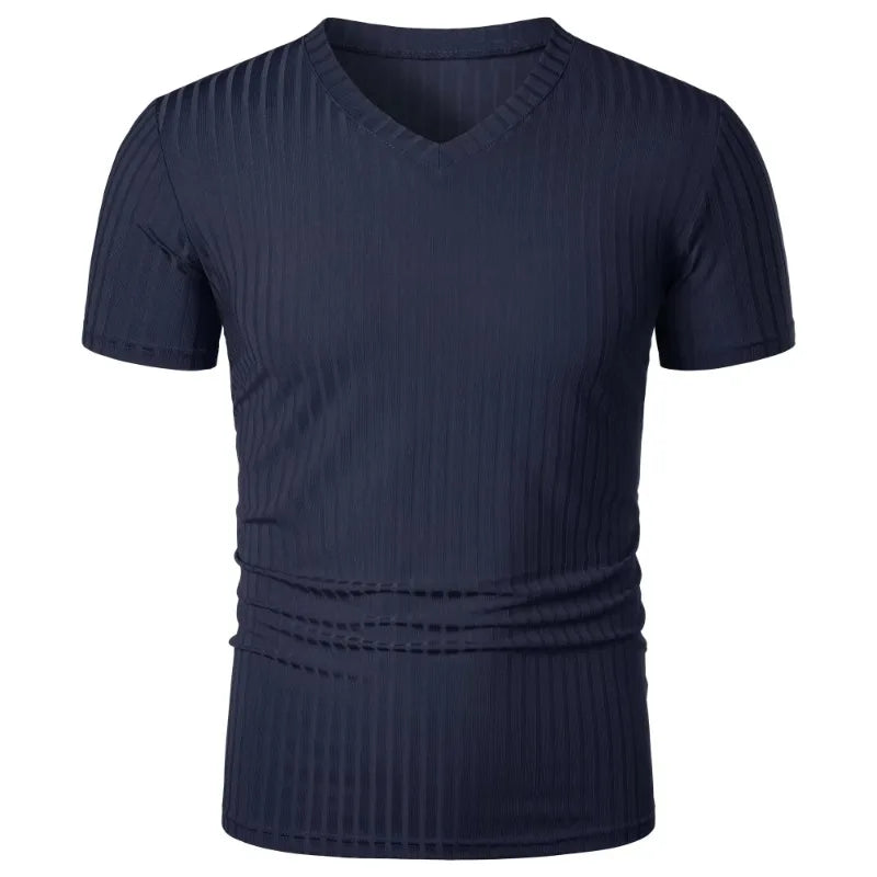 Summer Men's Short Sleeve Muscle T Shirts Stretch V Neck Bodybuilding Lightweight Streetwear Workout Tee Shirts Ribbed Shirt