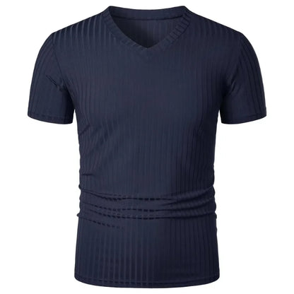 Summer Men's Short Sleeve Muscle T Shirts Stretch V Neck Bodybuilding Lightweight Streetwear Workout Tee Shirts Ribbed Shirt