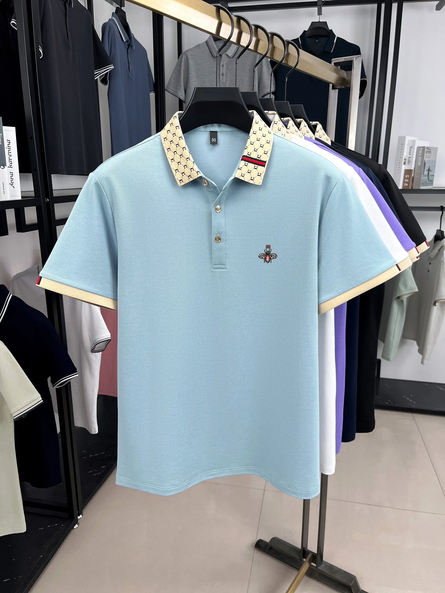 High-End Men’s Polo Shirt – Jacquard Lapel, Little Bee Embroidery & Personality Letter Design | Summer Fashion Trend