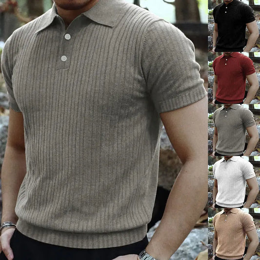2024 Summer Knit Men’s Polo Shirt – Business Casual Striped Henry Short Sleeve for Comfort & Style