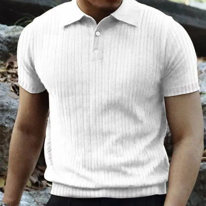 2024 Summer Knit Men’s Polo Shirt – Business Casual Striped Henry Short Sleeve for Comfort & Style