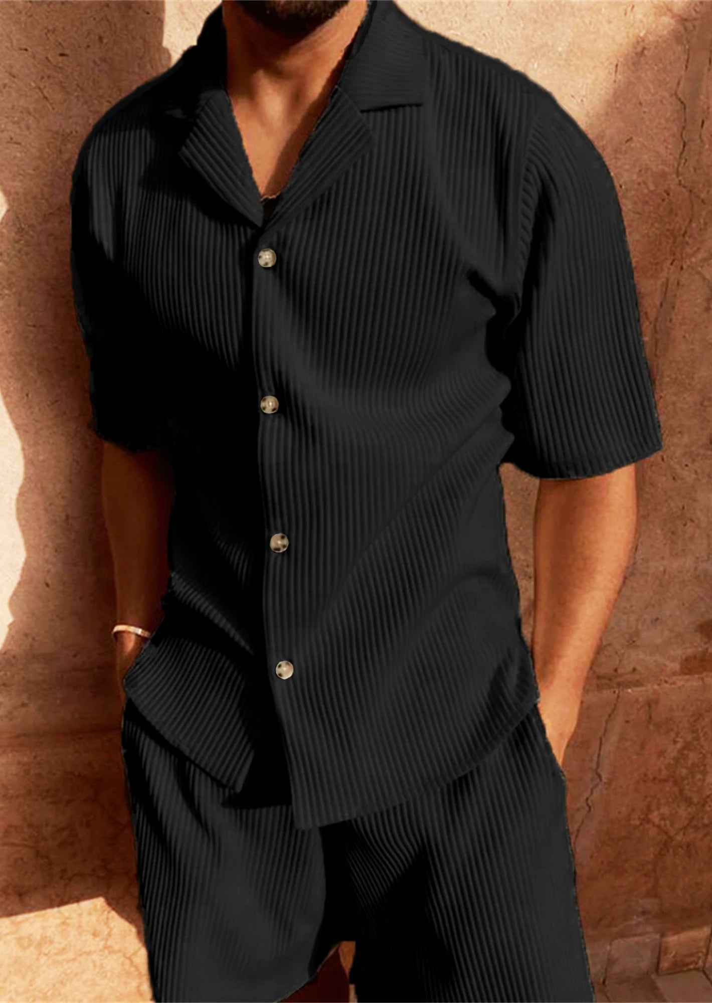 Men’s Comfy Corduroy Set – Breathable Short Sleeve Shirt & Shorts for Spring/Summer