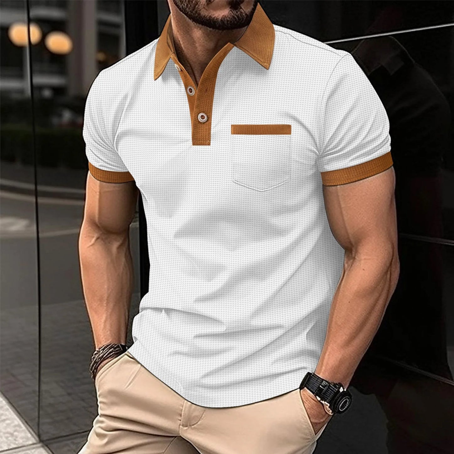 2025 new summer men's short sleeve POLO shirt Waffle color chest pocket short sleeve button T-shirt top