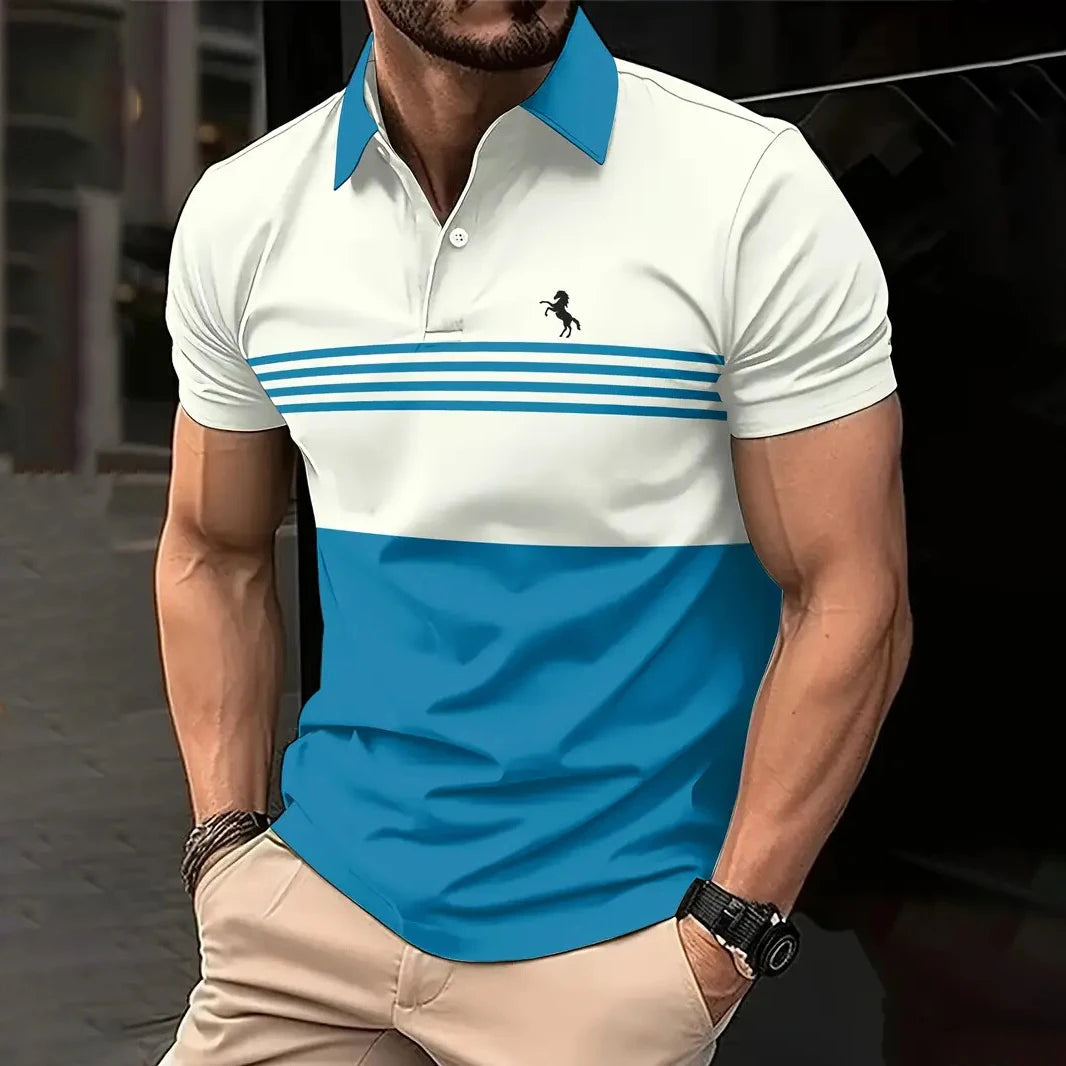 Business Men’s Polo Shirt – Summer Casual Short Sleeves with Stripe Pattern & Button Detail