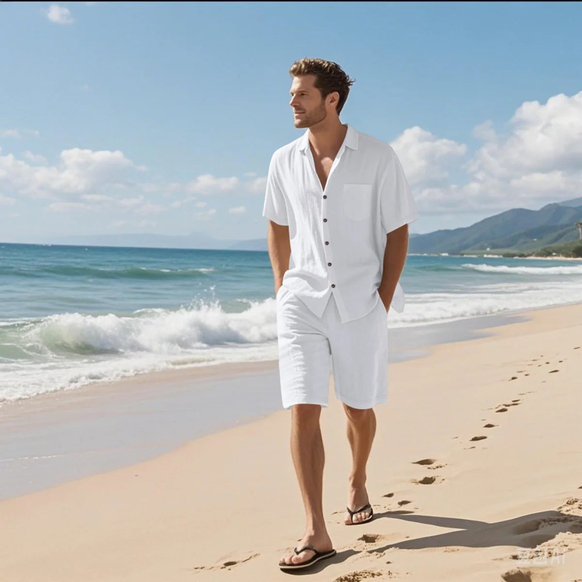 Men's Retro Summer 2-in-1 Set – Cotton & Linen Short-Sleeve Shirt and Shorts, Lightweight Beachwear