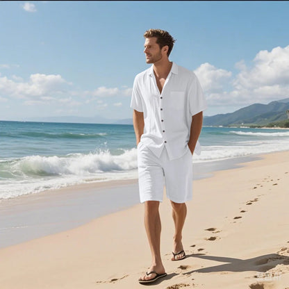 Men's Retro Summer 2-in-1 Set – Cotton & Linen Short-Sleeve Shirt and Shorts, Lightweight Beachwear