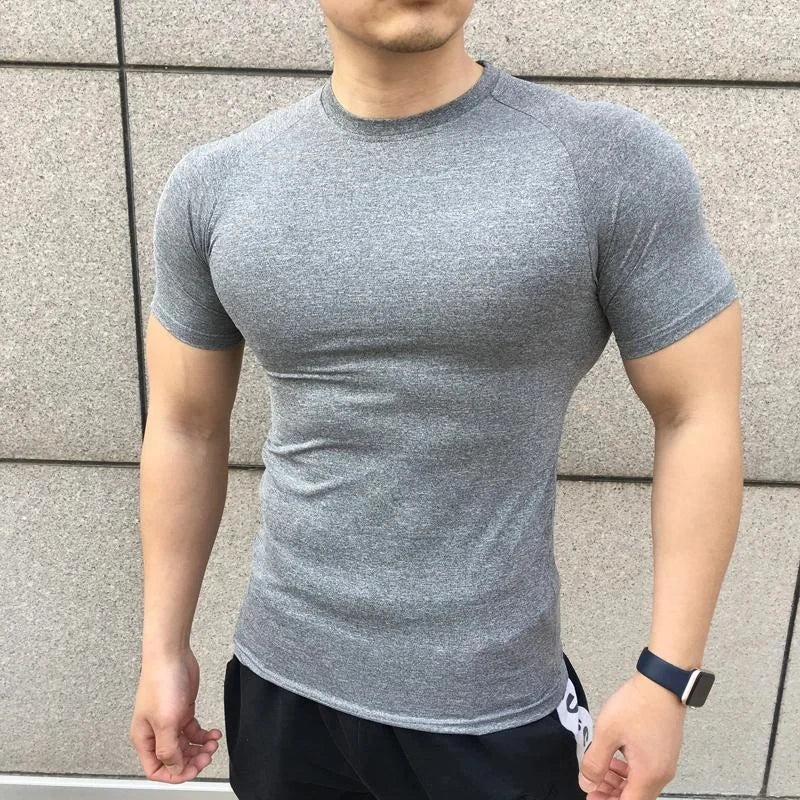 2025 Men’s Compression Workout Shirt – Short Sleeve, Elastic Fit for Gym & Running