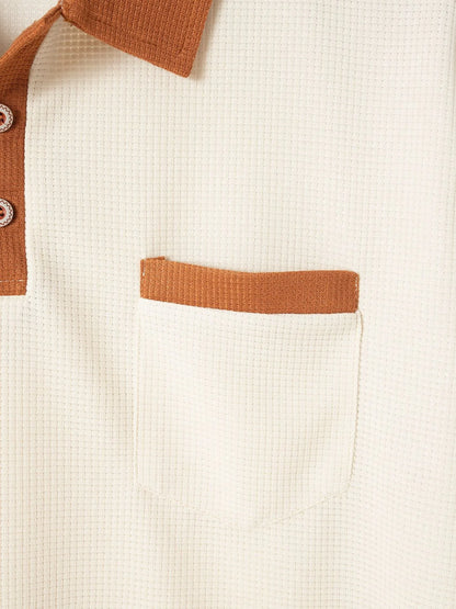 2025 new summer men's short sleeve POLO shirt Waffle color chest pocket short sleeve button T-shirt top