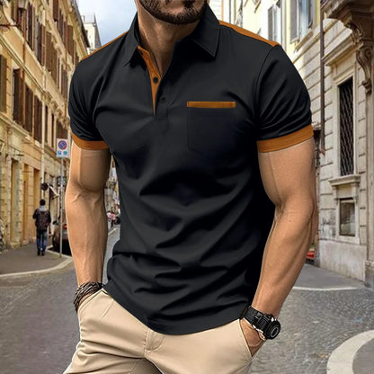 2025 New Summer Men’s Casual Polo Shirt – Short Sleeve with Chest Pocket, Lapel & Color Patchwork