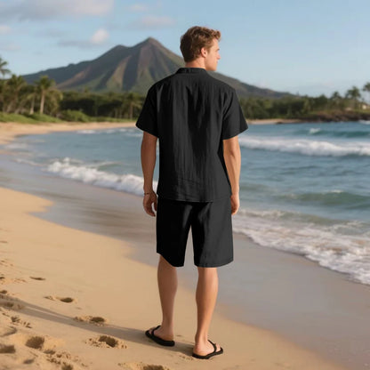 Men's Retro Summer 2-in-1 Set – Cotton & Linen Short-Sleeve Shirt and Shorts, Lightweight Beachwear
