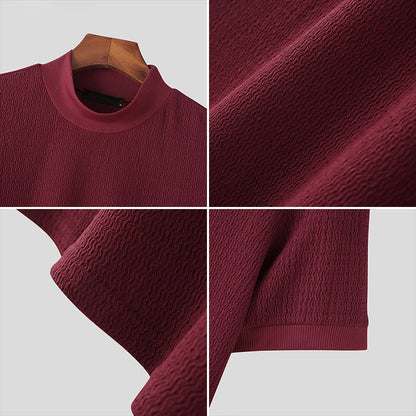 Men’s Summer Slim Fit T-Shirt – Korean Style, High-Neck, Textured Streetwear